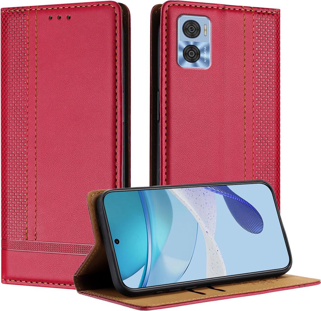 Handyhülle für Motorola Moto E22 / E22i Leder Flip Klappbare Schutzhülle mit Standfunktion Rot