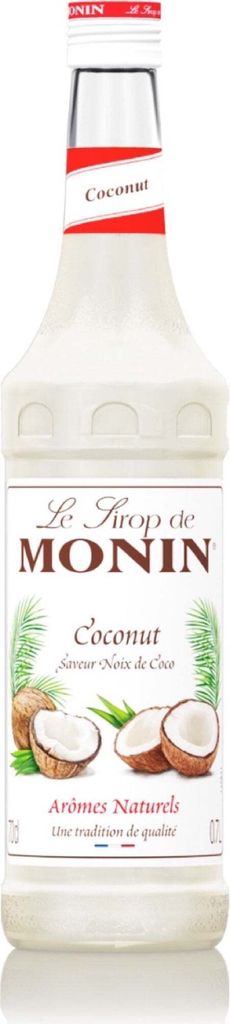 A bottle of Monin Coconut syrup with coconuts and leaves depicted on the label.