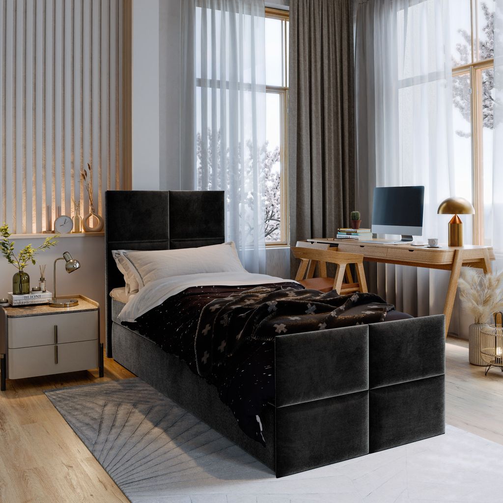Masseno Boxspringbett ARIEL 90 90x200 cm Komplett-Set mit Bonell Matratze und Topper, Polsterbett mit Bettkästen -Schwarz, KRONOS 07