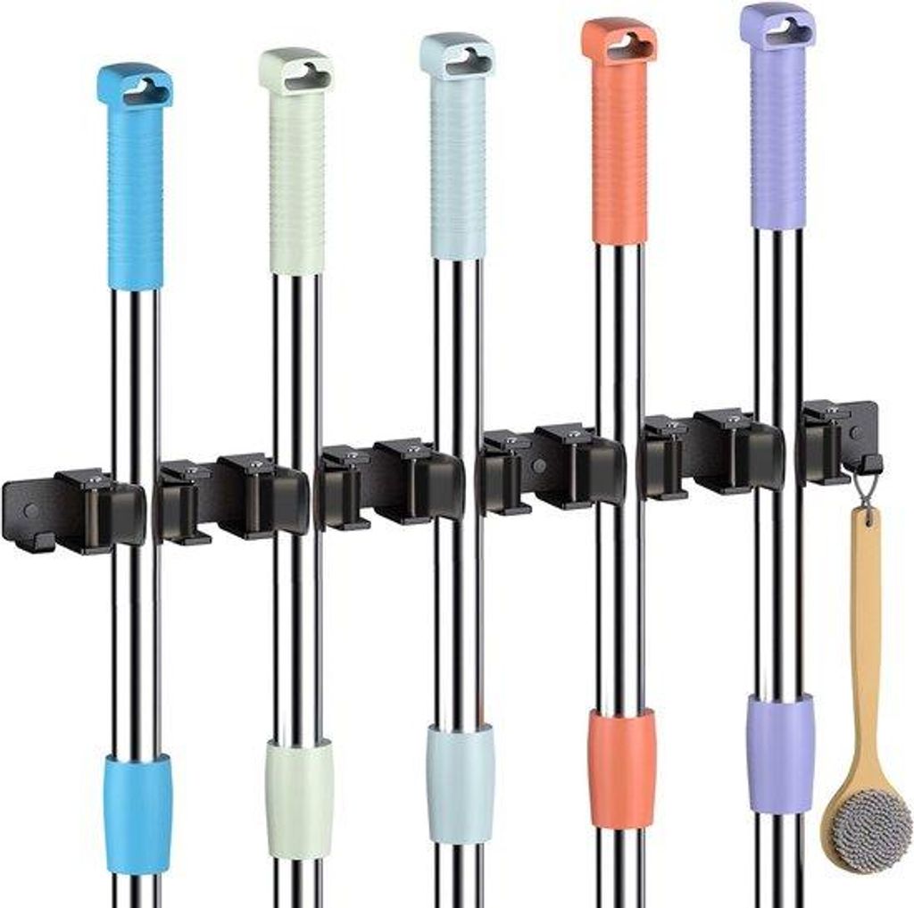 5-teilige Stahlwand mit 2 Haken für das Aufhängen von Besen und Bürsten, dauerhafte Wand für Bürsten in Bad, Küche, Garten und Garage, schwarz