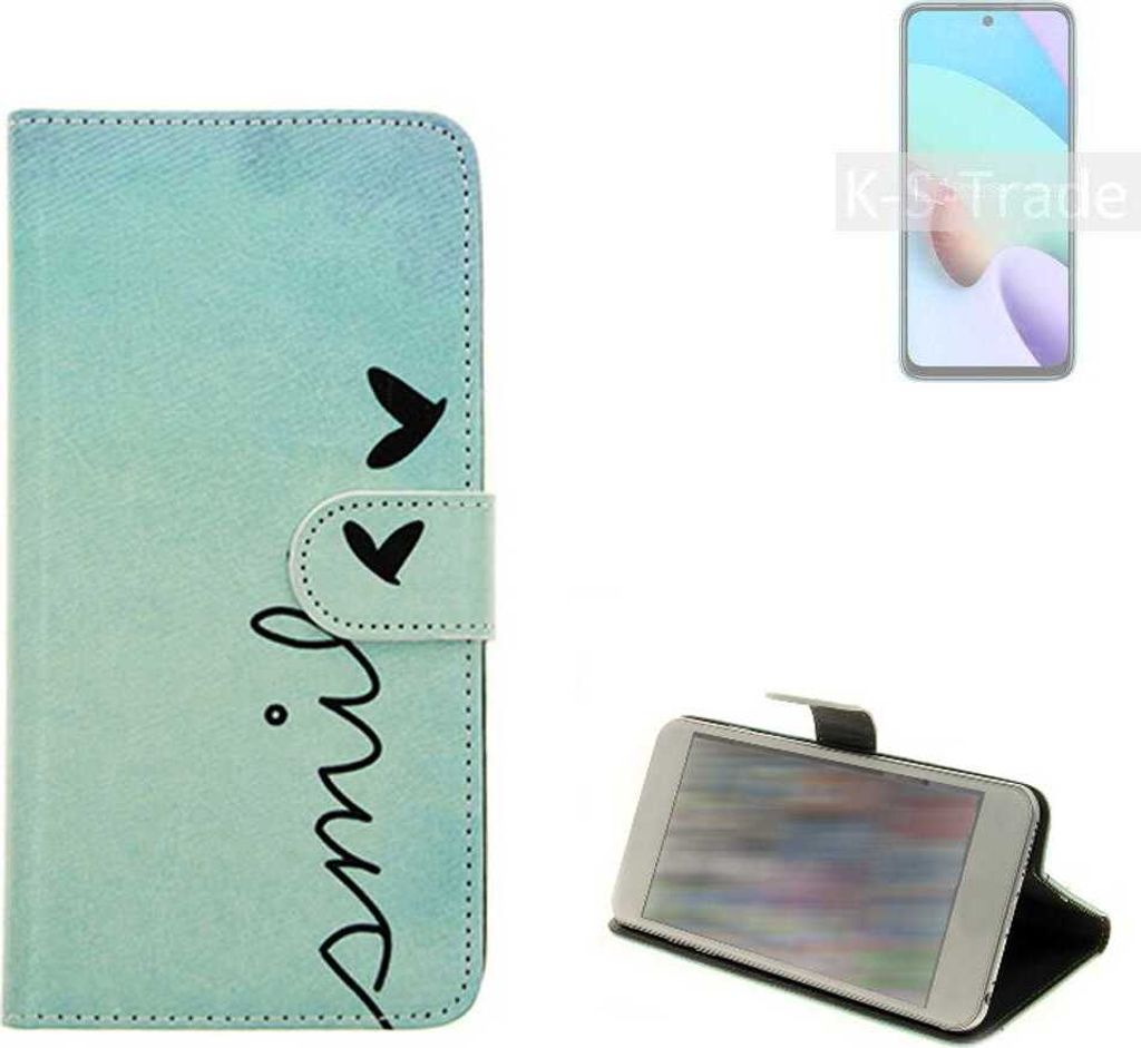 K-S-Trade Schutz Hülle Handy Hülle kompatibel mit Xiaomi Redmi Note 11 4G Hülle Handyhülle cover bookstyle Etui Handyhülle ''smile'' türkis