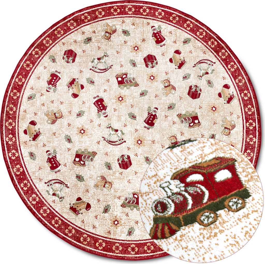 A round rug with a festive Christmas toy pattern, featuring a close-up inset of a toy train.