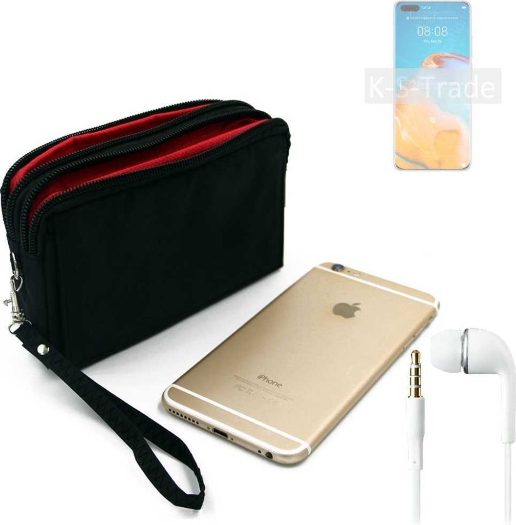 TOP SET kompatibel mit Huawei P40 Pro Handy Hülle Gürteltasche schwarz + Kopfhörer Travel Bag Travel-Case mit Diebstahlschutz praktische Schutz