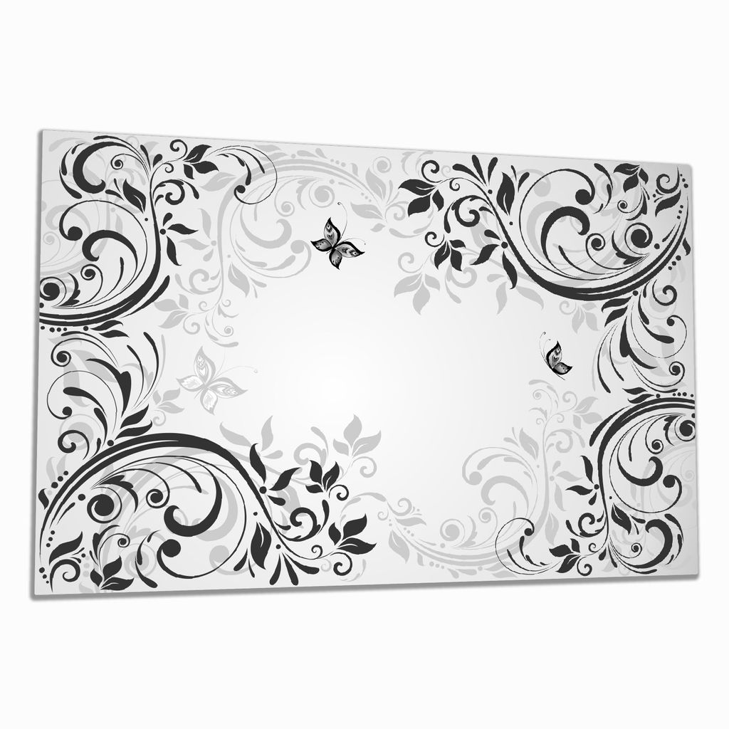Wallario Herdabdeckplatte aus Glas, Größe 80 x 52 cm 1-teilig, Motiv Schnörkelmuster mit Schmetterlingen