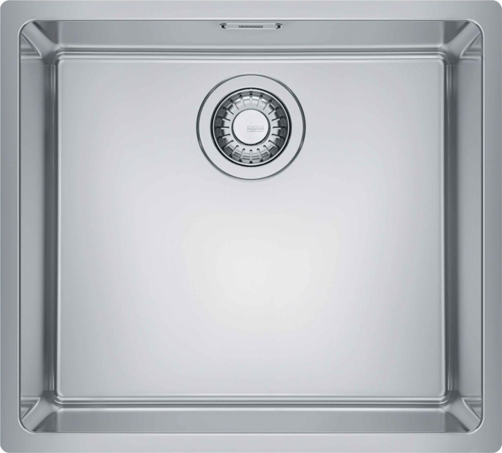 A top-down view of a stainless steel sink with a drain.