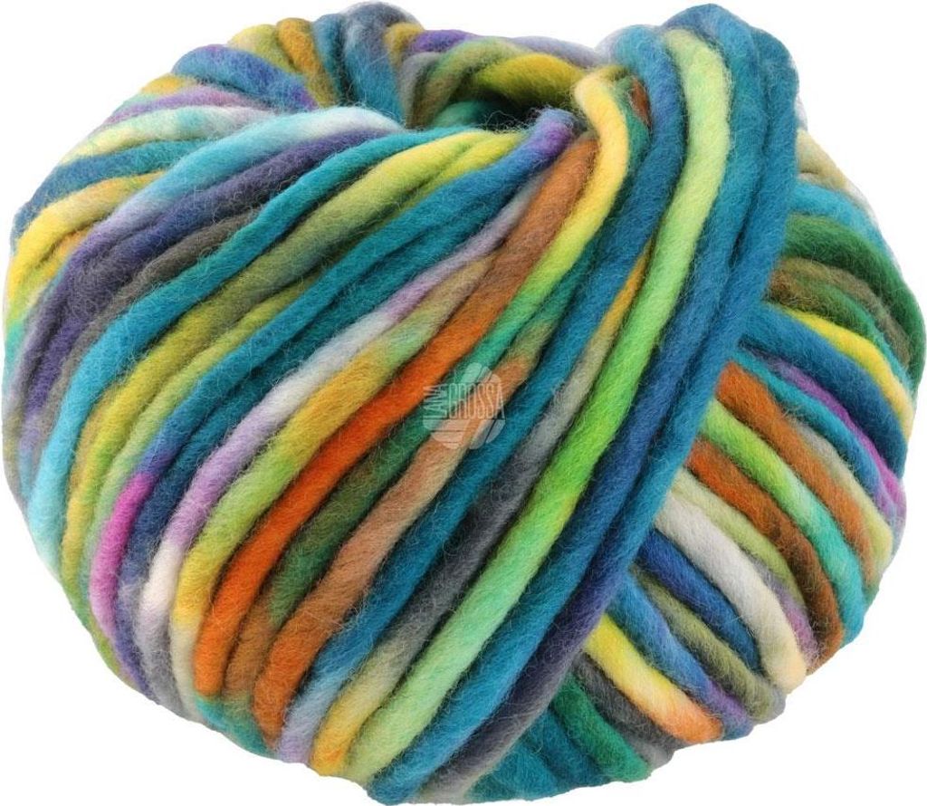 A ball of thick, multi-colored yarn.