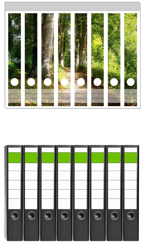 Wallario 8 Stück schmale Ordner inkl. Klebeetiketten mit Motive Weg im Sonnenlicht - Set mit Rückenschildern / Ordnerrücken Stickern
