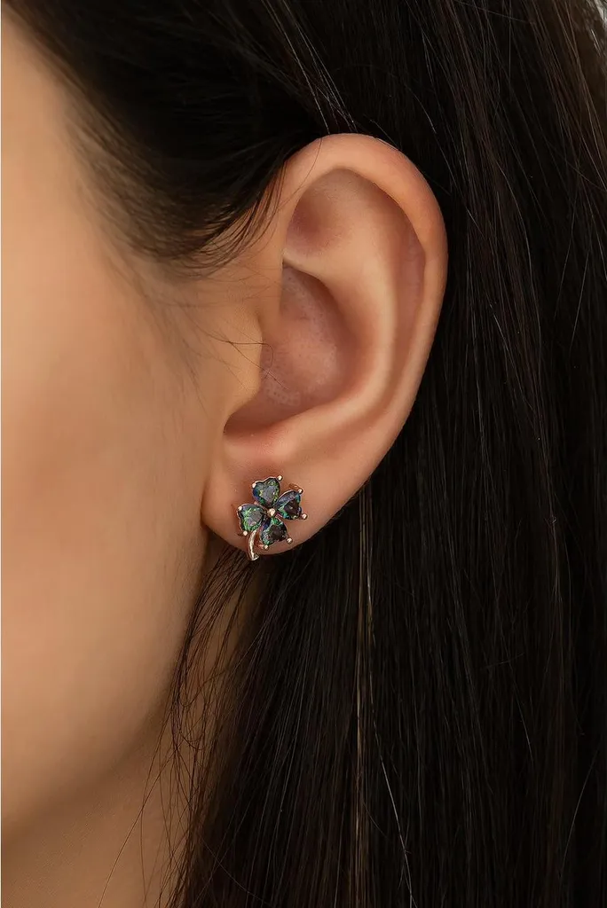Boucles d'oreilles trèfle en argent 925 et topaze mystique arc-en-ciel