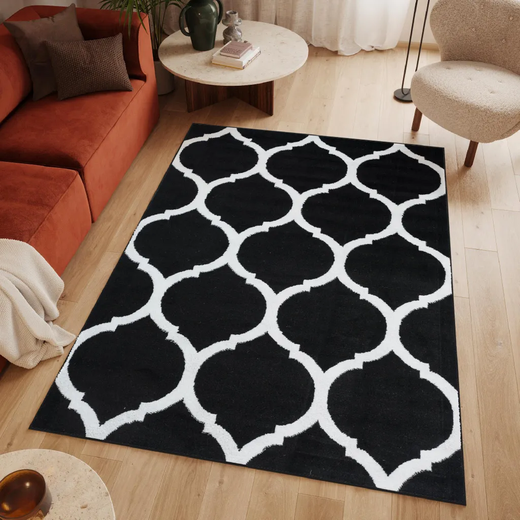 Tapis de Salon Design Graphique Noir et Blanc 140x200 cm Collection