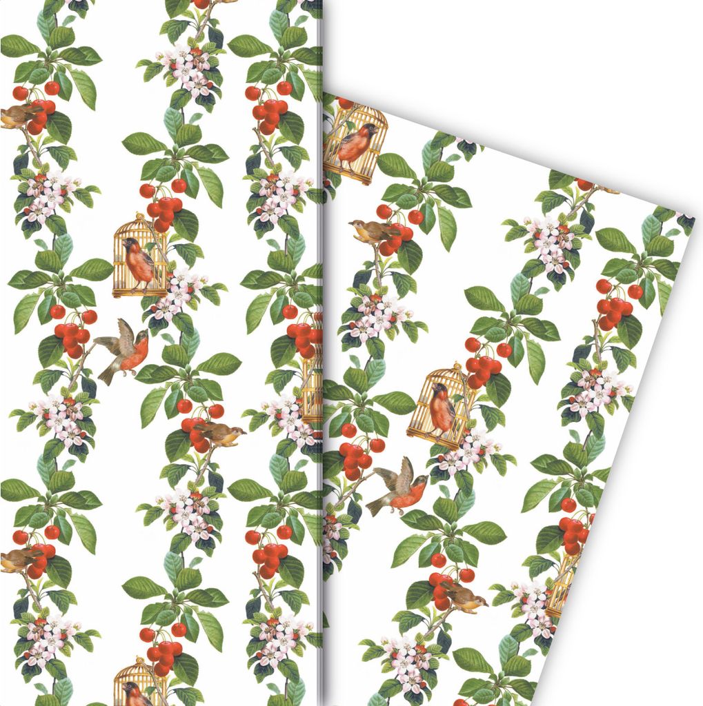 Sommer Geschenkpapier mit Kirschen, Apfel Blüten und Vögeln - G7280, 32 x 48cm