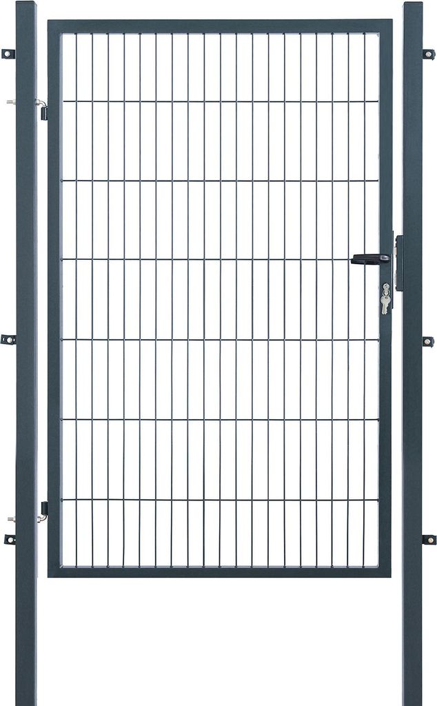 A single gray metal garden gate with a black handle and lock is shown against a white background.