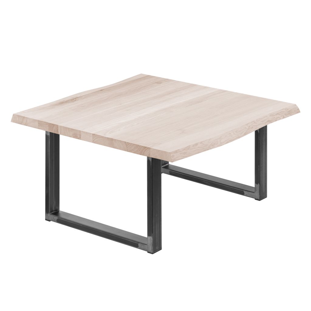 LAMO Manufaktur Esstisch Küchentisch Schreibtisch Couchtisch aus Massivholz, mit Baumkante 60x60x47 cm (AxBxH), Loft, Roh / Rohstahl mit Klarlack,...