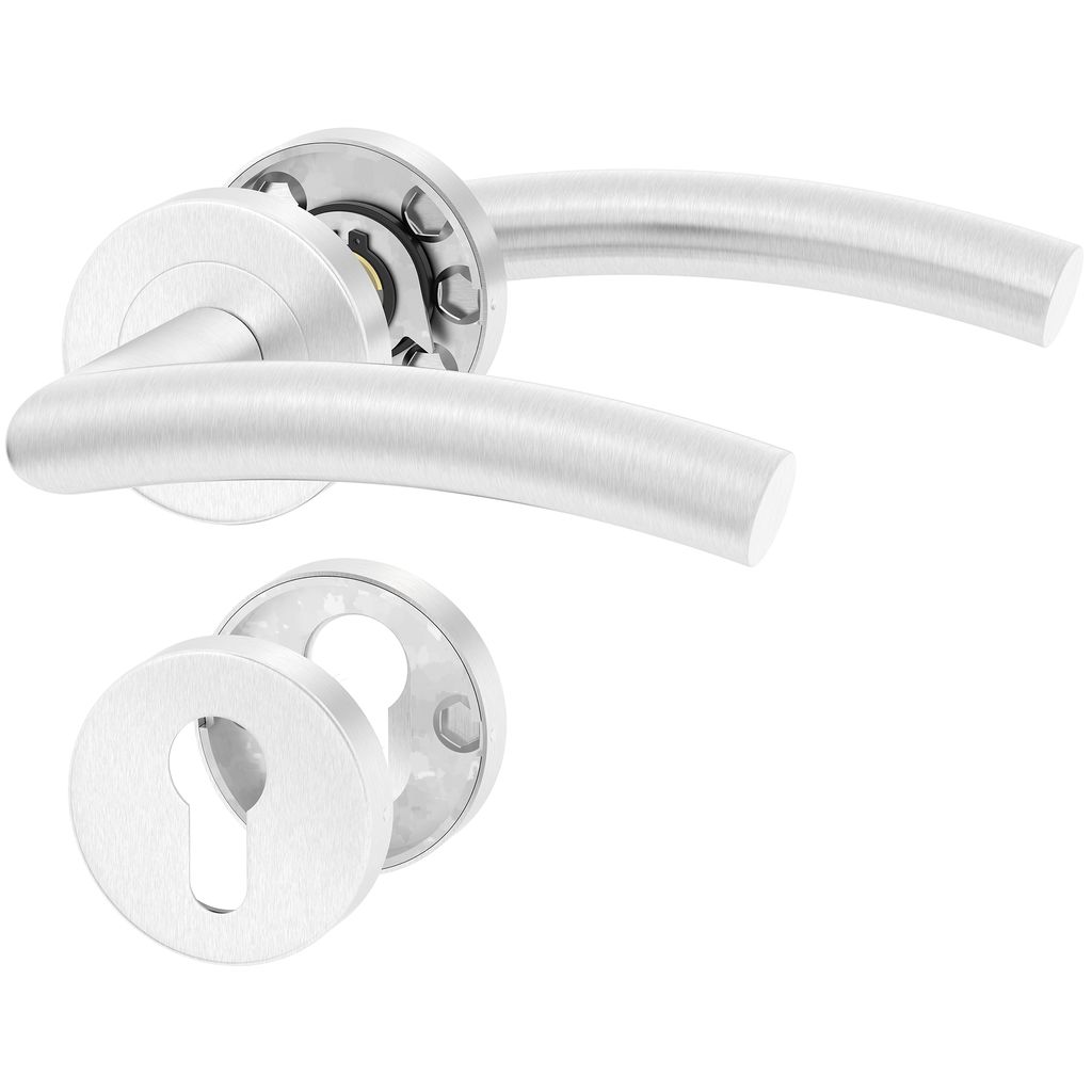 A set of stainless steel door handles with round rosettes, one with a keyhole, on a white background.