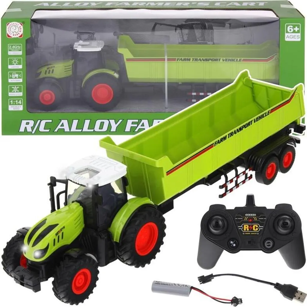 Tracteur télécommandé agricole vert avec remorque amovible et feux RC