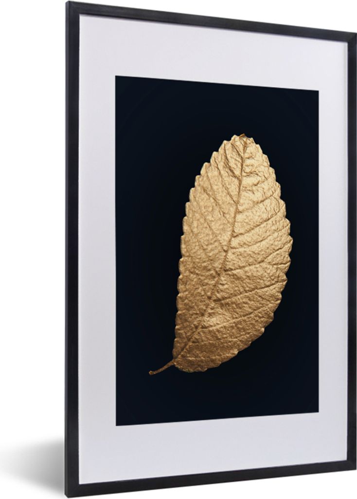 MuchoWow MuchoWow Gerahmtes Poster Blatt - Baum - Schwarz und Gold 40x60 cm - Poster mit zchwarzem Bilderrahmen - Poster in Rahmen