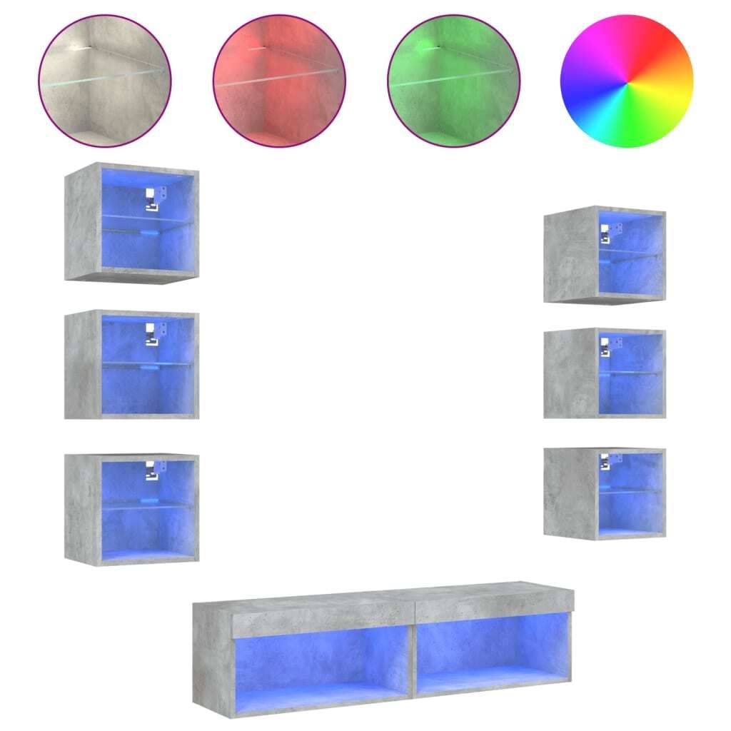 8-tlg. Wohnwand mit LED-Beleuchtung Betongrau Holzwerkstoff