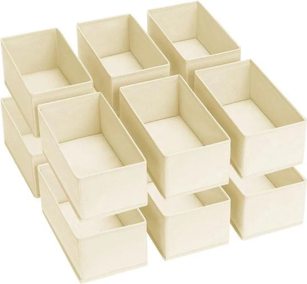 Organiseur à rabat anti-poussière en tissu beige, 12 bacs de rangement