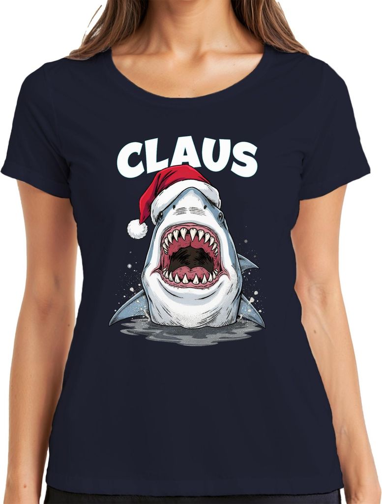 CLAUS Weihnachten Haifisch Weihnachtsmütze Hai Film Parodie Damen T-Shirt, Navy, S