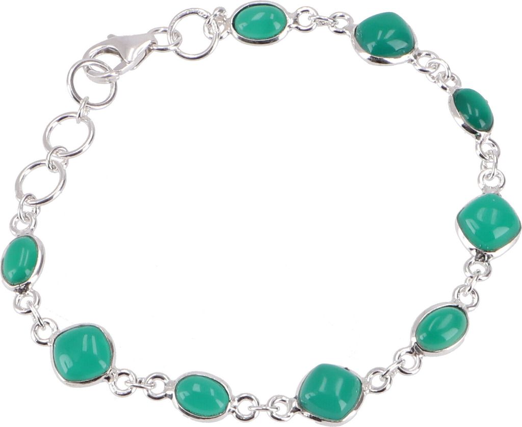 Indisches Boho Silber Armband, Edelsteinarmband - Calcedon, Grün, SterlingSilber, 20*1 cm, Armreifen & Armbänder aus Silber