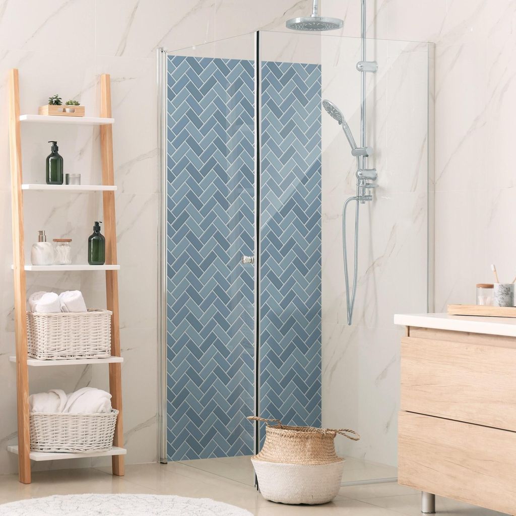 Duschrückwand mit Motiv selbstklebend - 0.35 mm Wandpaneel wasserfest Design blau Fliesenoptik Unifarben Badrückwand fugenlos Smart matt 100x210 cm