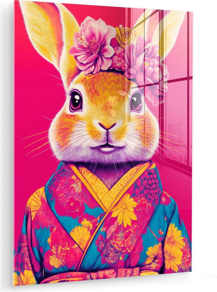 MuchoWow Glasbilder - Bilder auf Wandbild - Foto auf Glas Kaninchen - Blumen - Farbenfroh - Kimono 30x40 cm Wanddekoration aus Glas - Acrylglasbild...