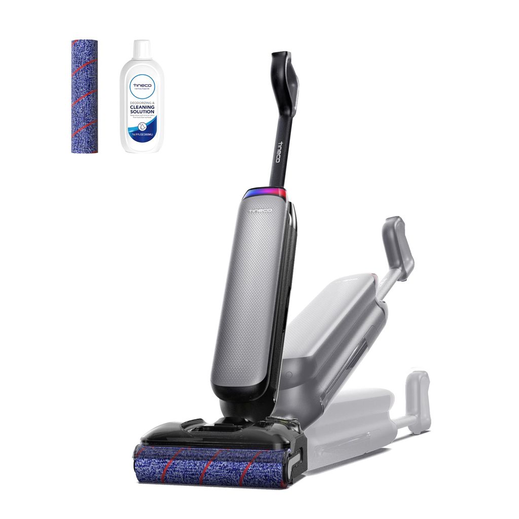 A Tineco Floor One S7 Artist wet dry vacuum cleaner is shown with a cleaning solution bottle and an extra roller brush.