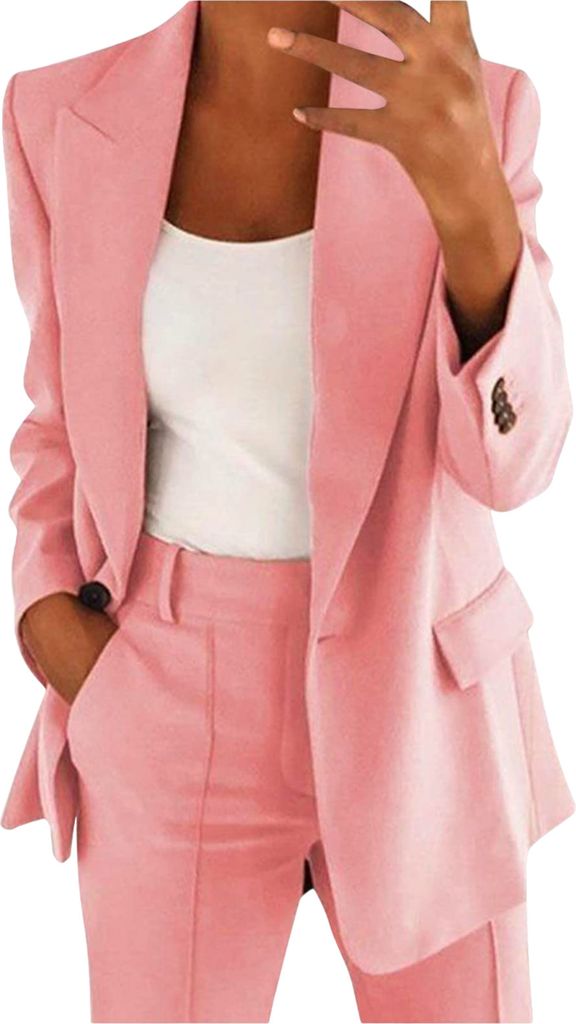 ASKSA Damen Hosenanzug Zweiteiler Slim Fit Blazer Hose Outfit Einfarbig Revers Casual Freizeitanzug, Rosa, Groesse: 5XL