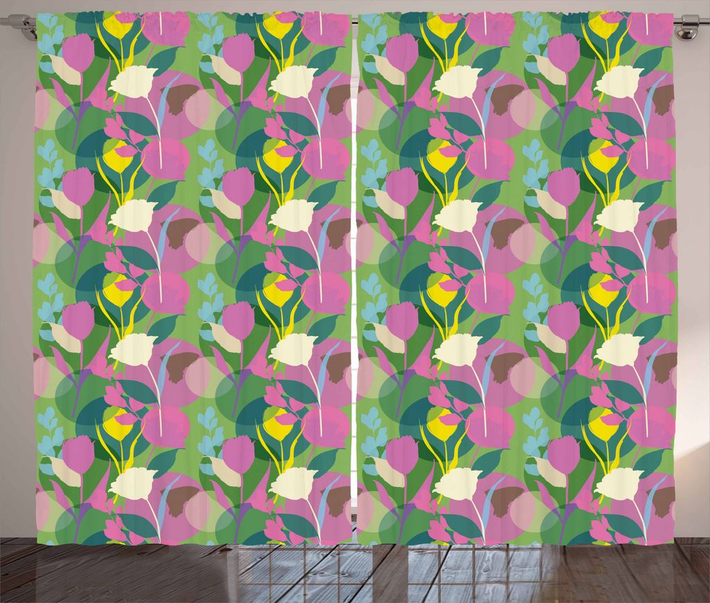 ABAKUHAUS Frühling Rustikaler Vorhang, Blumen-Silhouetten, Wohnzimmer Universalband Gardinen mit Schlaufen und Haken, 280 x 175 cm, Mehrfarbig