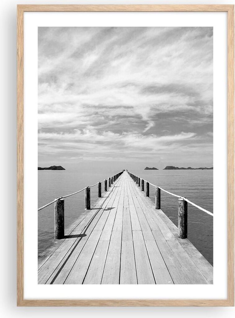Gerahmtes Poster - Rahmen in heller Eiche - Holz Brücke Meer - 50x70 cm - Wand Bild - Wanddeko - Wandbilder - Kunstposter - Wandposter - Bilderrah...