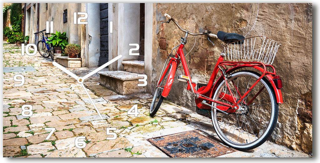 Wanduhr aus Glas – 60x30 cm - Glasbild - Glasuhr - Gehärtetes Glas - weisse-zeiger - Rotes Fahrrad