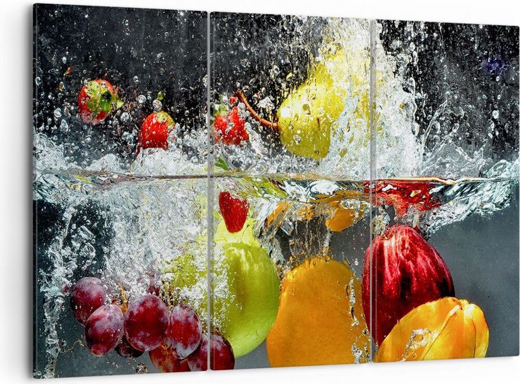 Bild auf Leinwand - Leinwandbild - Früchte Wasser Spritzer Essen - 105x70cm - Wand Bild - Wanddeko - Leinwanddruck - Bilder - Kunstdruck - Wanddek...