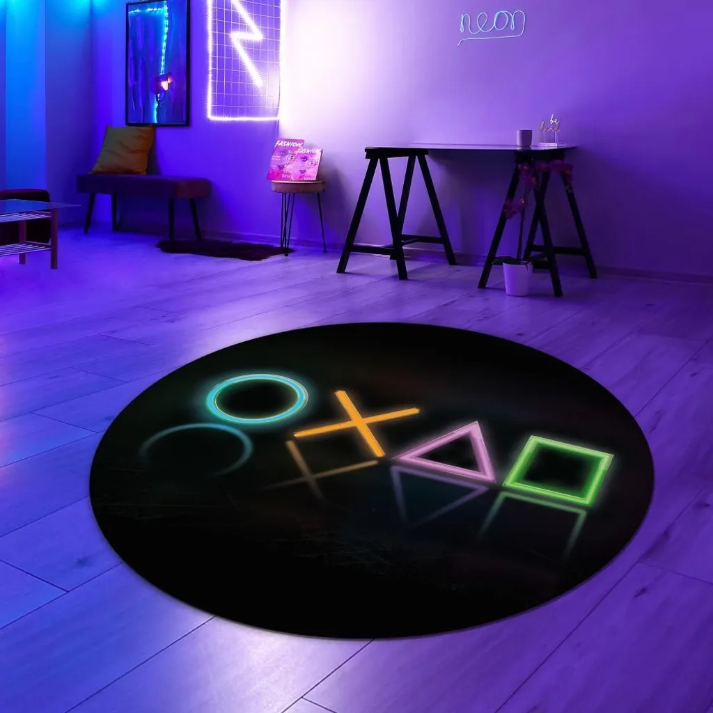 Tapis de jeu rond 120 cm antidérapant aux motifs géométriques néon