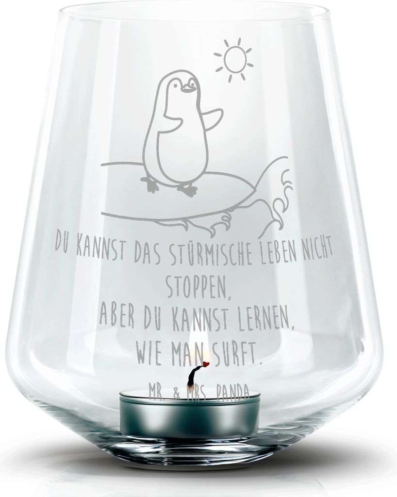 Mr. & Mrs. Panda Kerzenhalter Pinguin Surfer - Transparent - Geschenk, Glas, Optimistisch, Motiviert, gravur, Laterne, Teelichthalter, Hawaii, Surf...