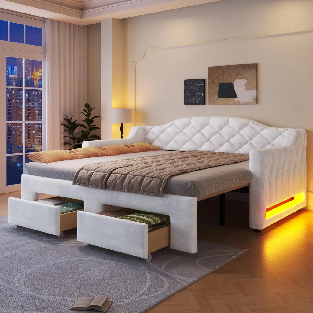 Lit de Jour Extensible 180x200 cm en Velours Blanc avec Éclairage LED