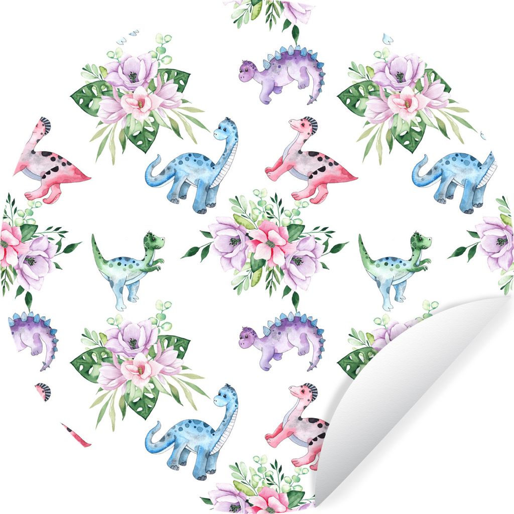 MuchoWow Runde Wandtattoo - Wandsticker Tapete Aufkleber Kinderzimmer - Dinosaurier - Blumen - Mädchen - Kinder - Rosa - Kind Ø 80 cm Selbstkle...