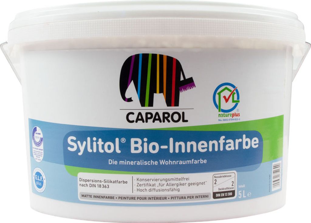 A white plastic bucket of paint with a colorful elephant logo and product information.