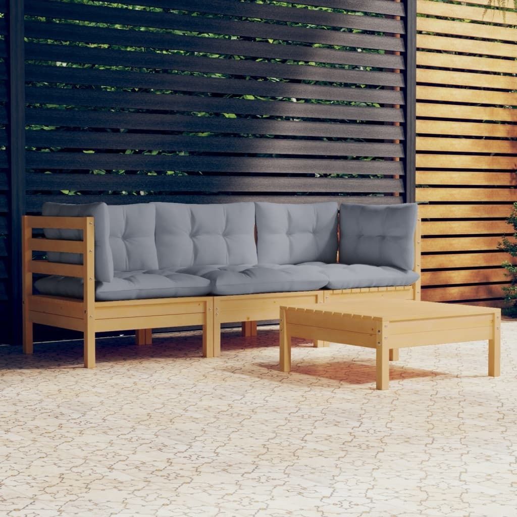 "2024 Moderne" 4-tlg. Garten-Lounge-Set mit Grauen Kissen Kiefernholz - Gartenset Sitzgruppeen Neu2847846