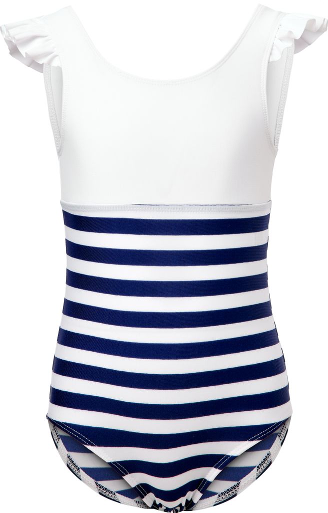 Mädchen Badeanzug schnelltrocknend einteilig UV 50 MS10-443 (Weiß/Marineblau/Streifen, 104)