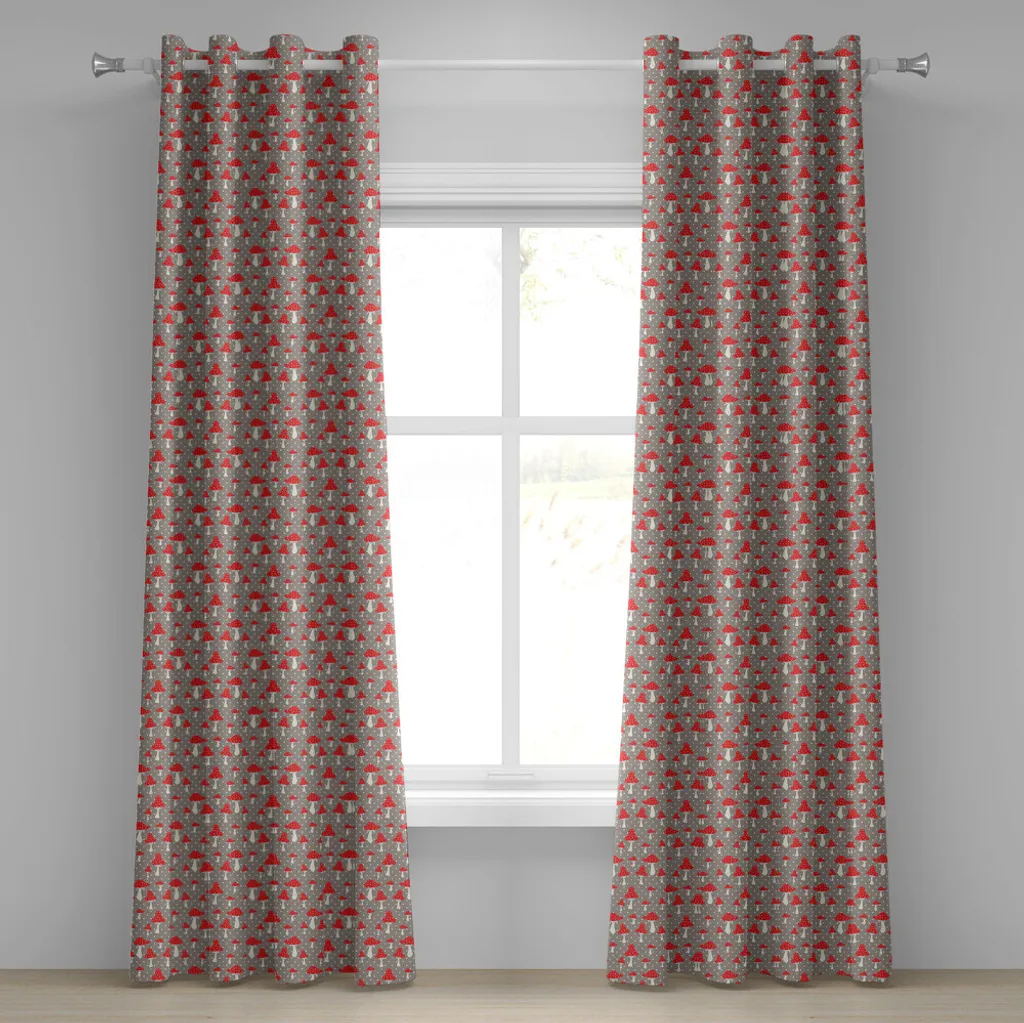 ABAKUHAUS Tenda con occhielli a forma di fungo, grazioso motivo a funghi con sfondo a pois - caricatura di fungo velenoso, tende decorative a 2 pannelli per finestre, 280 cm x 245 cm, color tortora crema rosso