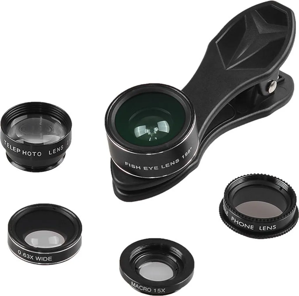 APEXEL APL-DG5H Set di obiettivi 5 in 1 per cellulari, fisheye 198°, grandangolo 0,63x, macro 15x, telescopio 2x, obiettivi CPL per iPhone, Samsung, Huawei, Xiaomi, smartphone