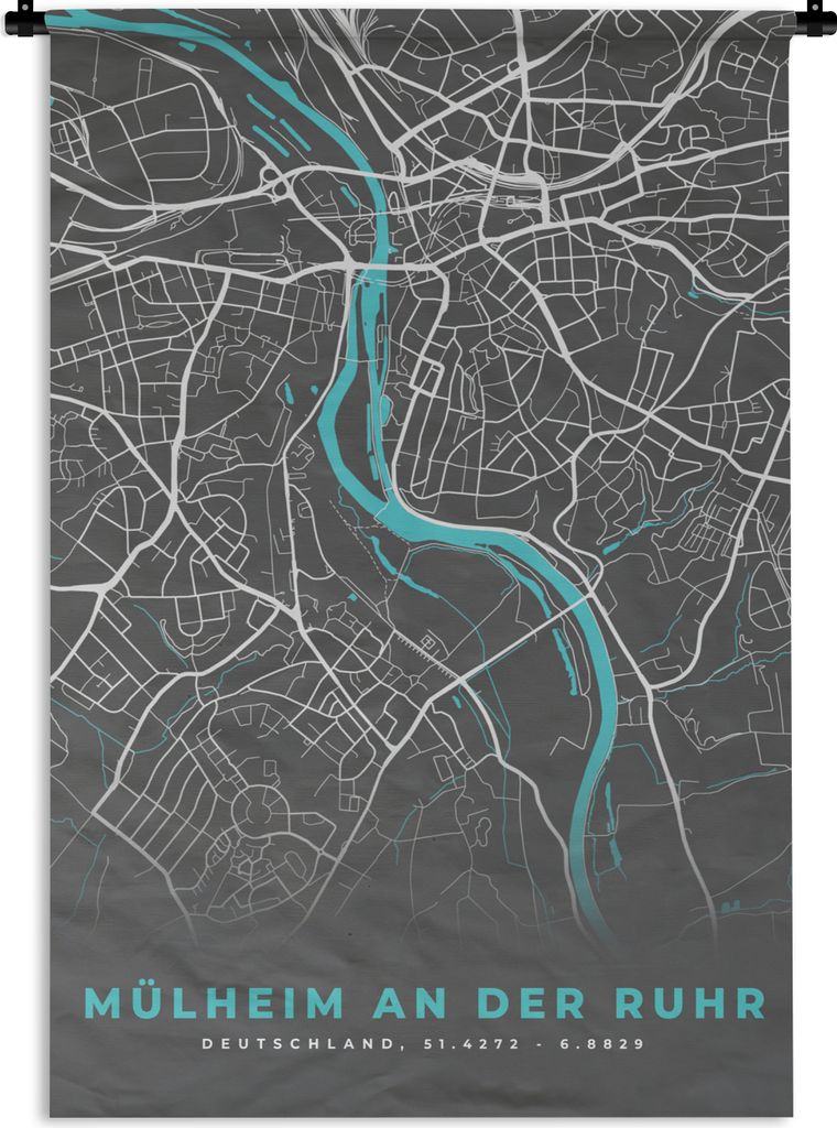 MuchoWow Wandteppich Wandbehang Blau - Deutschland - Karte - Stadtplan - Mülheim an der Ruhr 120x180 cm Tapisserie Dekoration Wandtuch - Schlafz...
