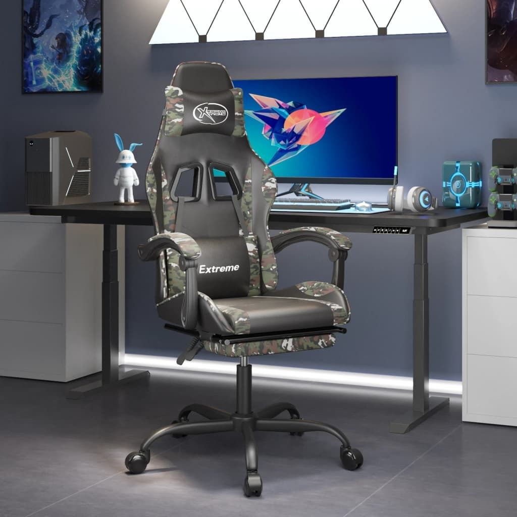 The Living Store Gaming-Stuhl mit Fußstütze Schwarz und Tarnfarben Kunstleder