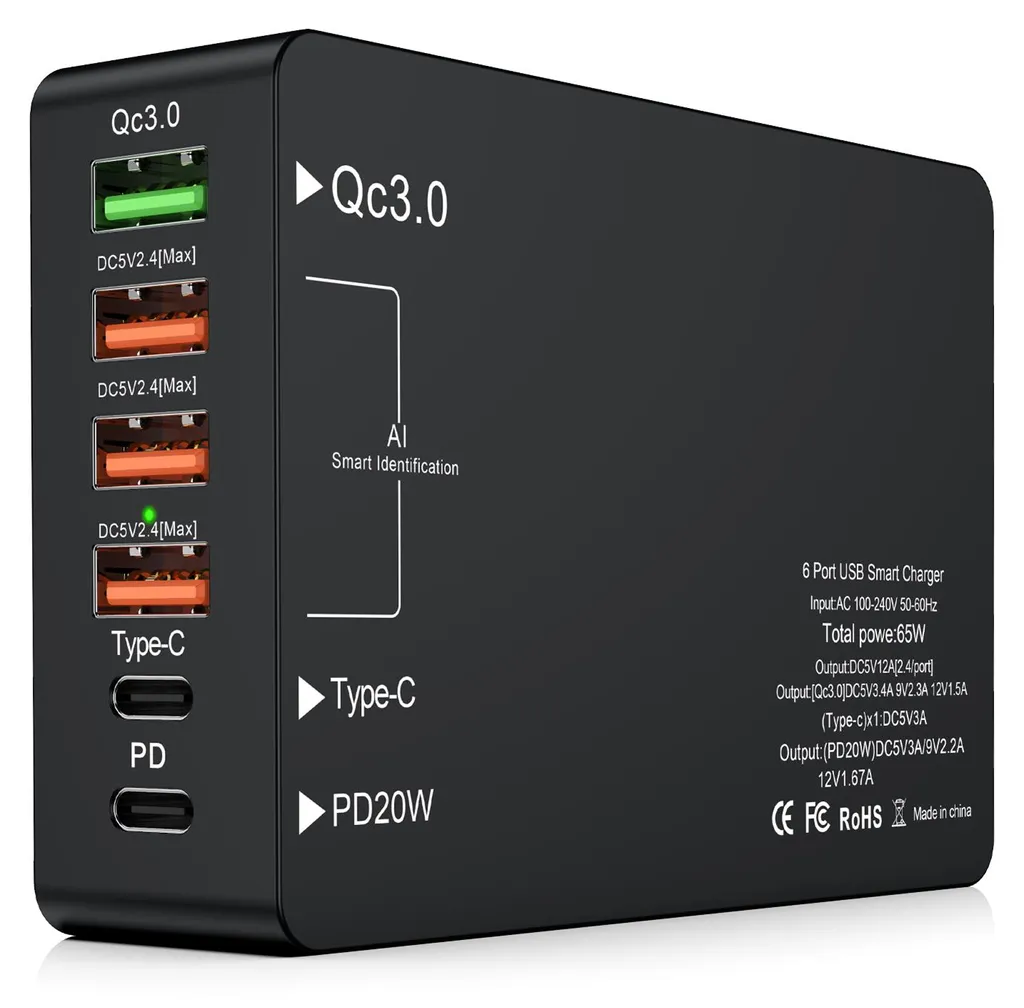 Caricatore 65W Multiporta USB C e QC 3.0 - Ricarica Rapida Universale