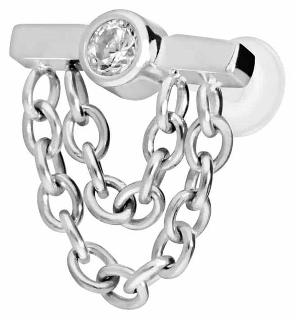 Ohrpiercing, Nasenpiercing PTFE Labret mit Innengewinde + Titan-Aufsatz BALKEN + KRISTALL + 2 KETTEN Silber Stablänge: 9mm | Stabstärke: 1,2mm