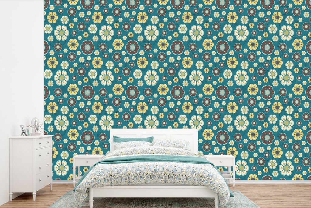 MuchoWow Fototapete für Wohnzimmer oder Schlafzimmer Wandtapete Vinyl Motivtapete Retro - Blumen - Muster - Blau - 525x350 cm - Das Hintergrundbild
