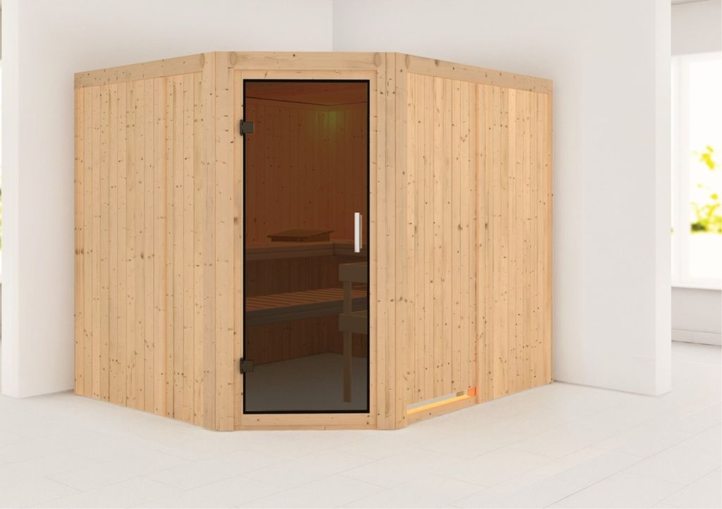 Karibu Sauna Innensauna Malin Eckeinstieg ohne Zubehör 231x196x198 cm ohne Dachkranz mit Graphittür