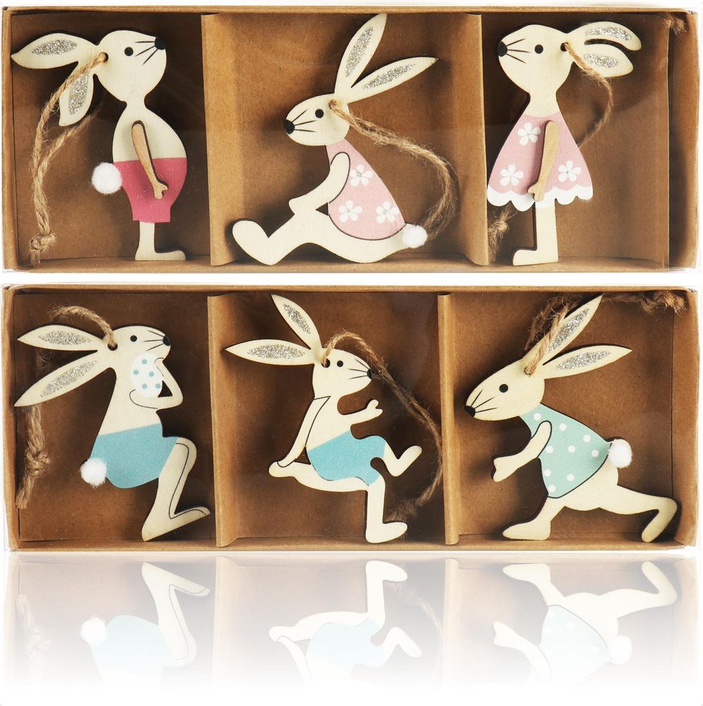 com-four 6x Dekoaufhänger Hase - Osterschmuck aus Holz zum Aufhängen - Holzaufhänger Hasen zum Dekorieren - Ostern
