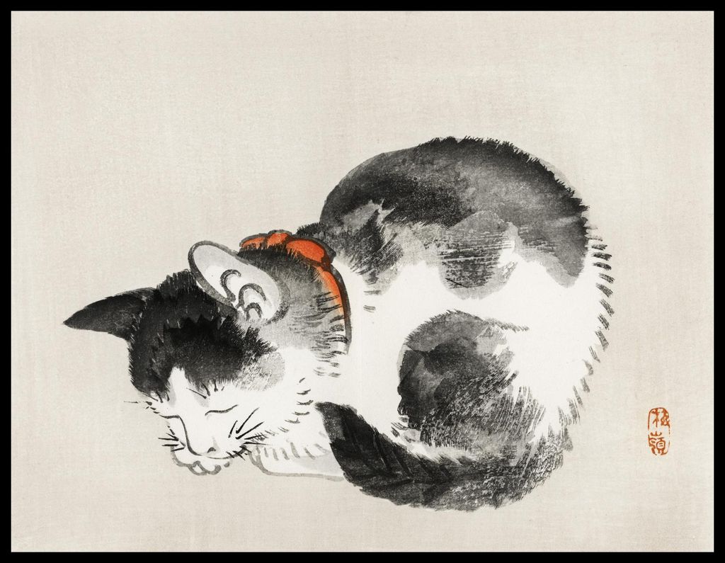 Plakat 65x50cm Schlafende Katze, Japanisches Vintage Bairei für das Wohnzimmer