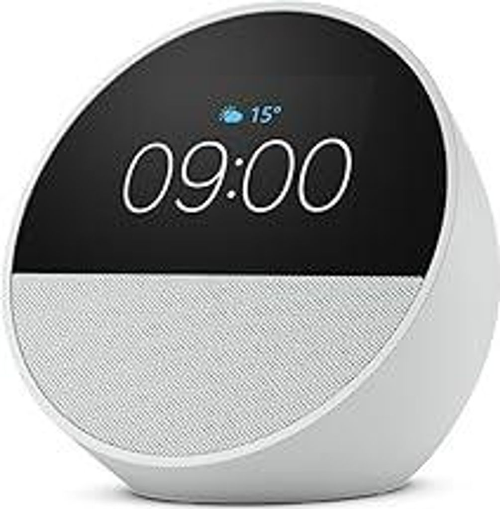 und generalüberholt Amazon Echo Spot (2024), smarter Wecker mit sattem Klang und Alexa, Weiß