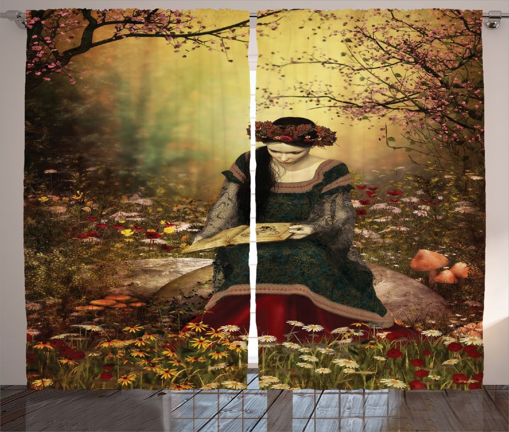 ABAKUHAUS Mittelalterlich Rustikaler Vorhang, Dame mit Buch, Wohnzimmer Universalband Gardinen mit Schlaufen und Haken, 280 x 245 cm, Mehrfarbig